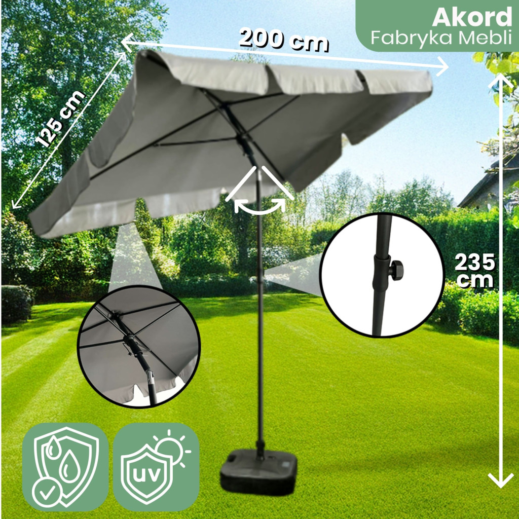 Wymiary 3D - Parasol ogrodowy FLOKS z ochroną UV jasnoszary waga 2,8 kg Wymiary 200x123x235 cm - AKORD Fabryka Mebli