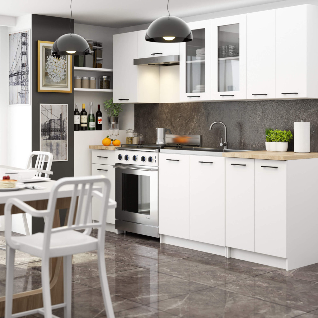 Meble AKORD - Zestaw kuchenny OLIWIA 2.4m Biały 240 cm 11 drzwi 1 szuflada kolor Biały mat 12 półek 240x46x203 cm - Producent mebli - tanie meble