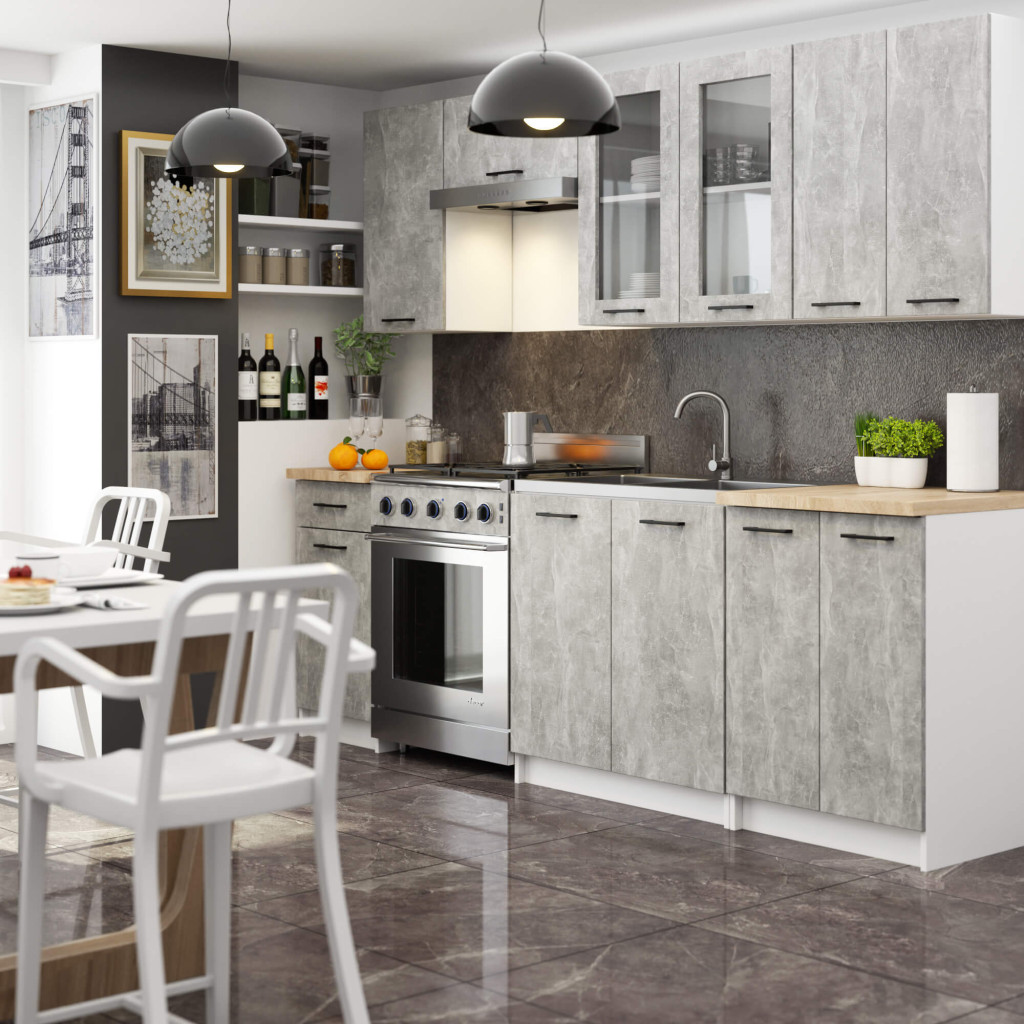 Meble AKORD - Zestaw kuchenny OLIWIA 2.4m Biały 240 cm 11 drzwi 1 szuflada kolor front Beton mat 12 półek 240x46x203 cm - Producent mebli - tanie meble