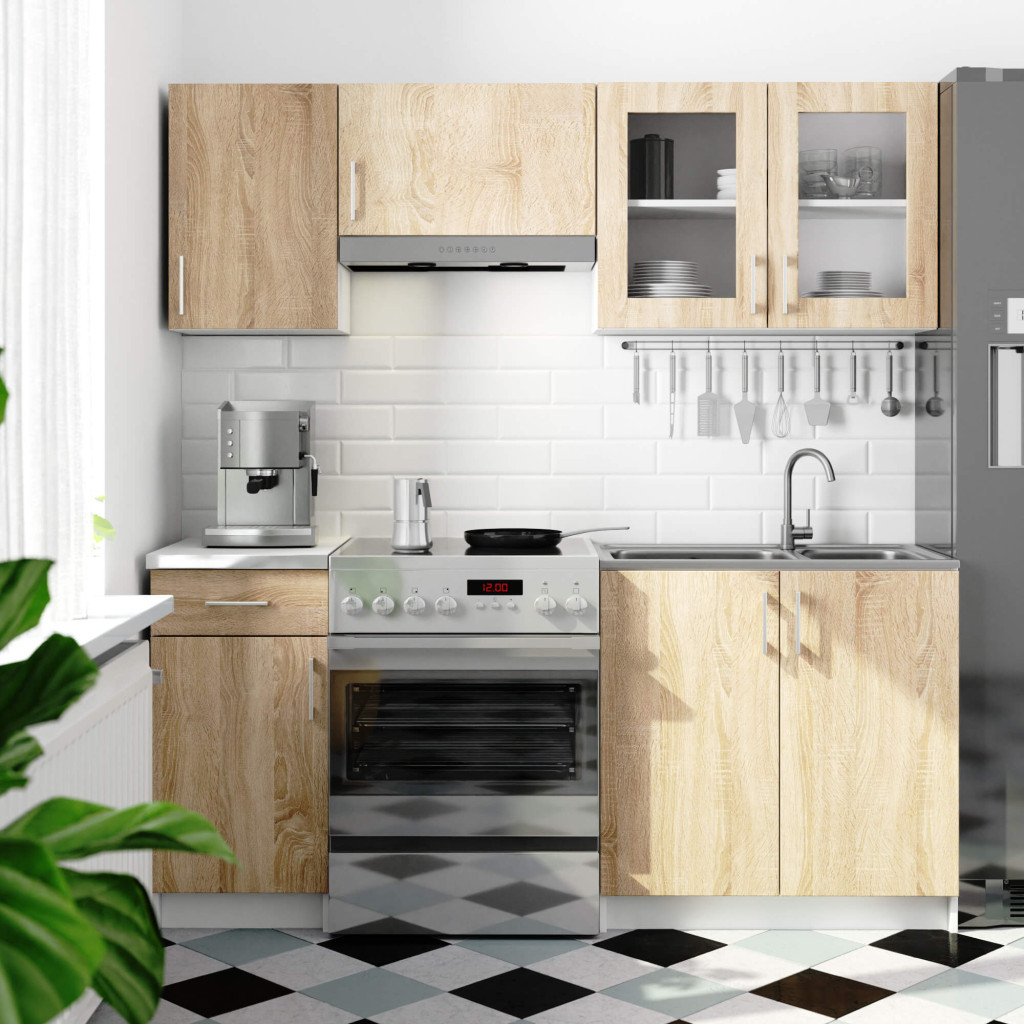 Meble AKORD - Zestaw kuchenny LIMA 1.8m Biały 180 cm 7 drzwi 1 szuflada kolor Dąb Sonoma mat 8 półek 180x44,5x203 cm - Producent mebli - tanie meble - 5901738162327