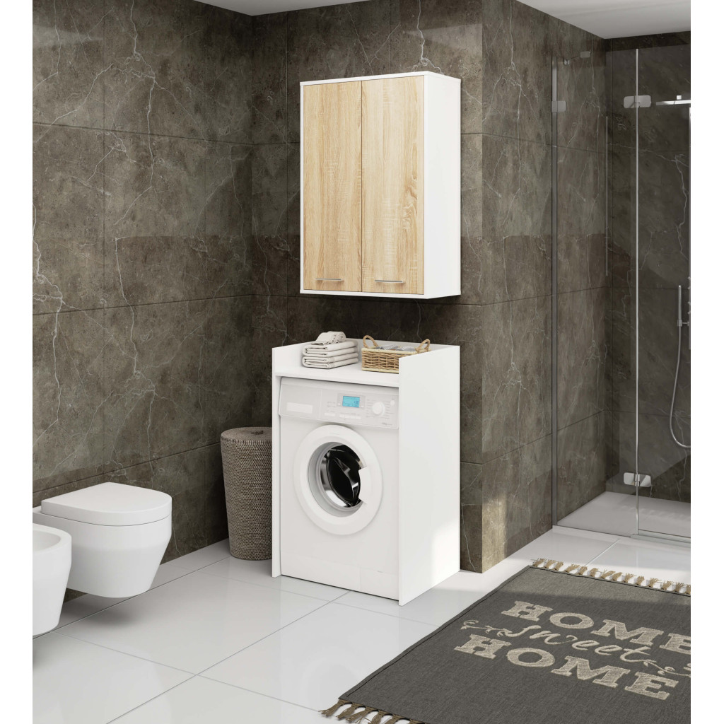 Meble AKORD - Szafka łazienkowa AKORD FIN Biała 64 cm 2 drzwi H934 kolor Dąb Sonoma mat 4 półki 64x30x94 cm - Producent mebli - tanie meble - 5901738165595