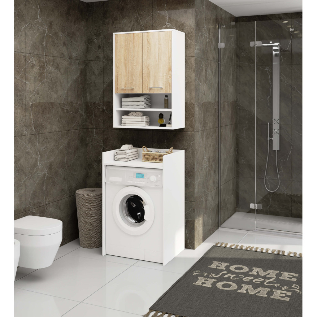 Meble AKORD - Szafka łazienkowa AKORD FIN Biała 64 cm 2 drzwi H934 kolor Dąb Sonoma mat 4 półki 64x30x94 cm - Producent mebli - tanie meble - 5901738165595