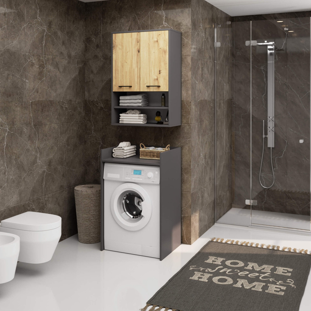 Meble AKORD - Szafka łazienkowa AKORD FIN Grafit Szary 64 cm 2 drzwi H934 kolor Dąb Artisan mat 4 półki 64x30x94 cm - Producent mebli - tanie meble - 5901738165595