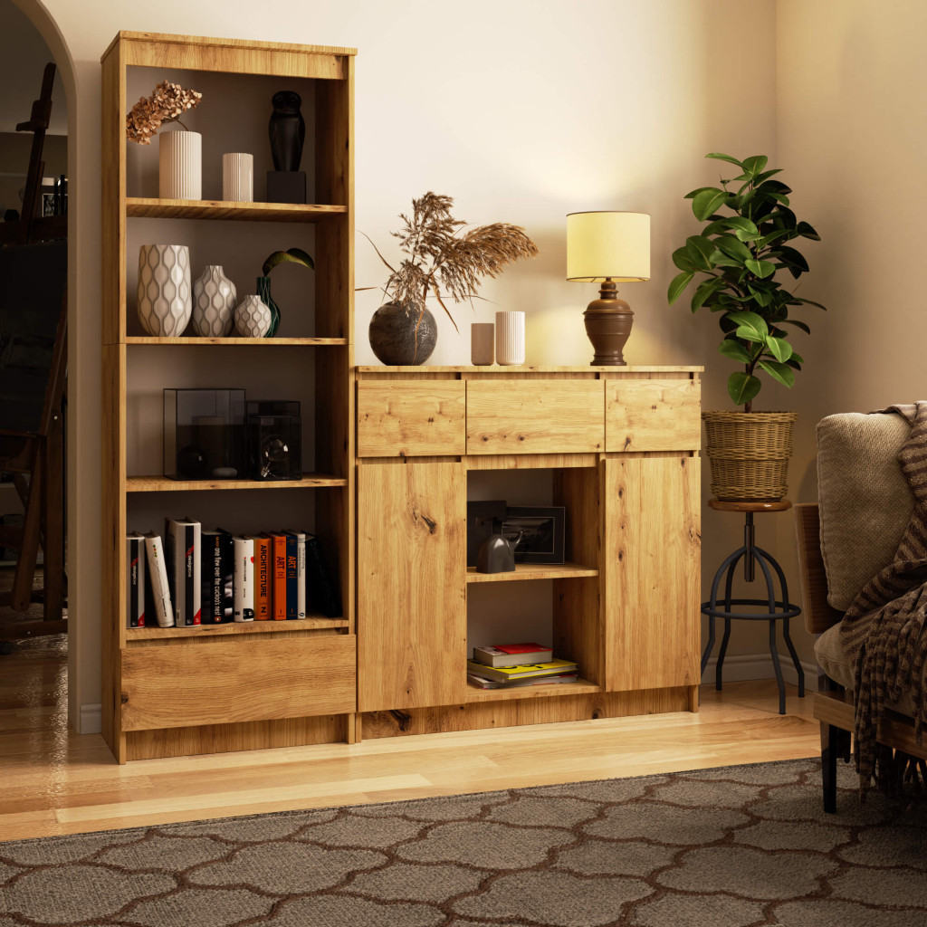 Meble AKORD - Komoda AKORD K100 Dąb Artisan 101 cm 2 drzwi 3 szuflady kolor Dąb Artisan mat 6 półek 101x35x98 cm - Producent mebli - tanie meble - 5907504385341