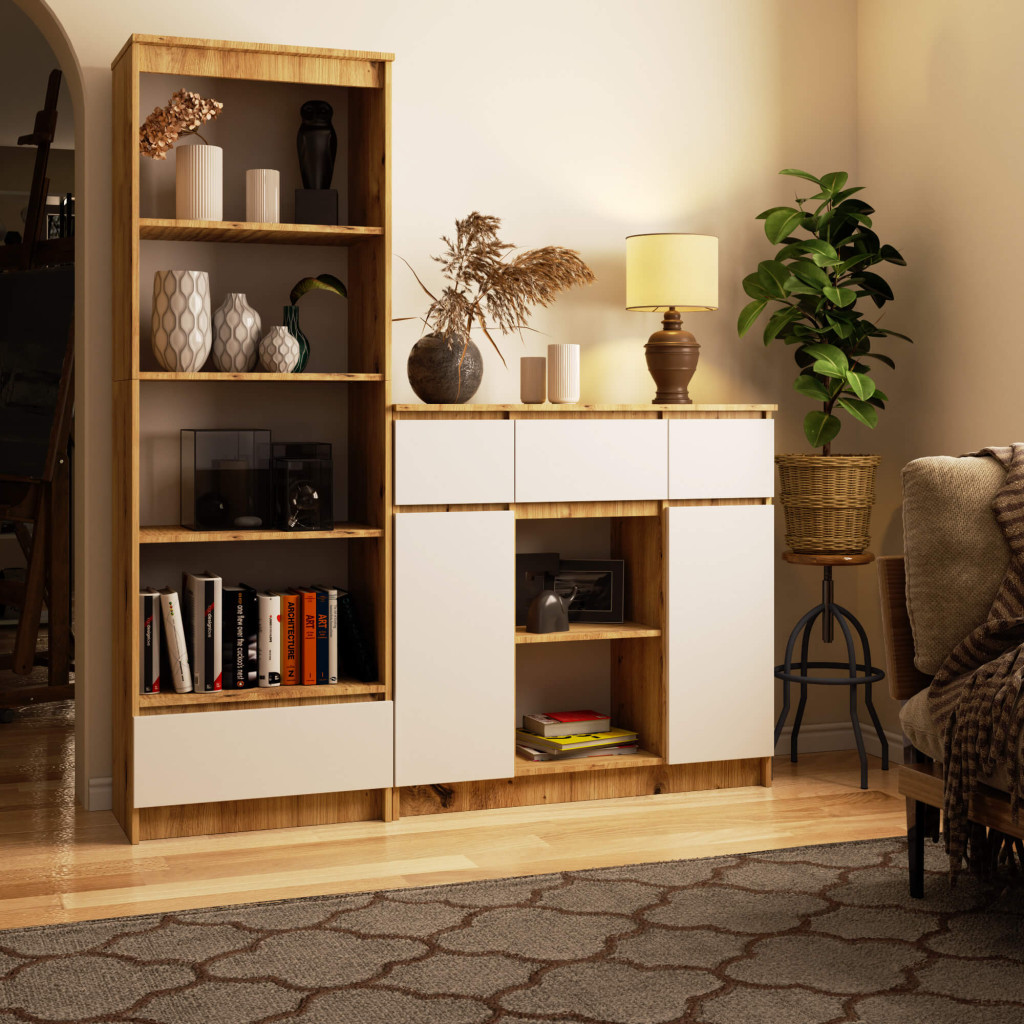 Meble AKORD - Komoda AKORD K100 Dąb Artisan 101 cm 2 drzwi 3 szuflady kolor Biały mat 6 półek 101x35x98 cm - Producent mebli - tanie meble - 5907504385341