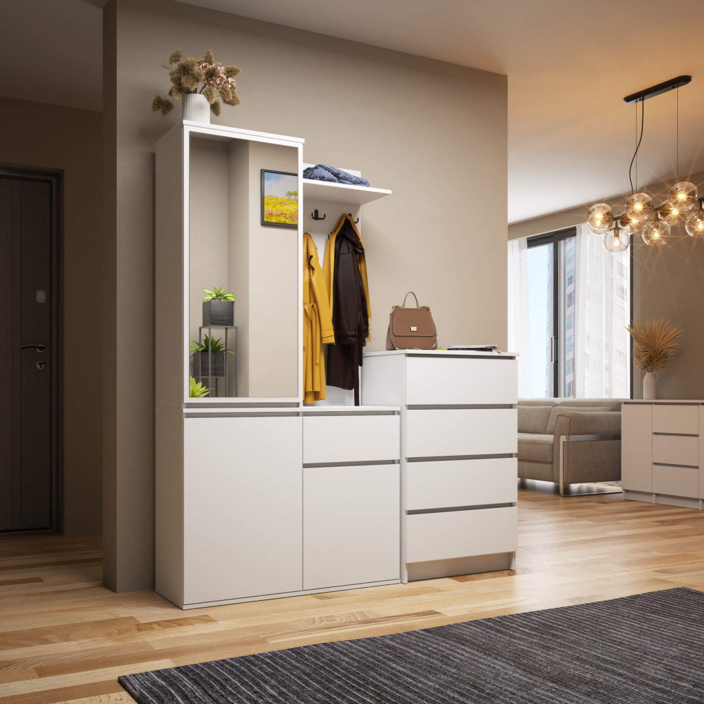 Meble AKORD - Zestaw mebli na przedpokój AKORD ENTRO Biały 95 cm 3 drzwi 1 szuflada kolor Biały mat 7 półek 95x35x183 cm - Producent mebli - tanie meble - 5901738166851
