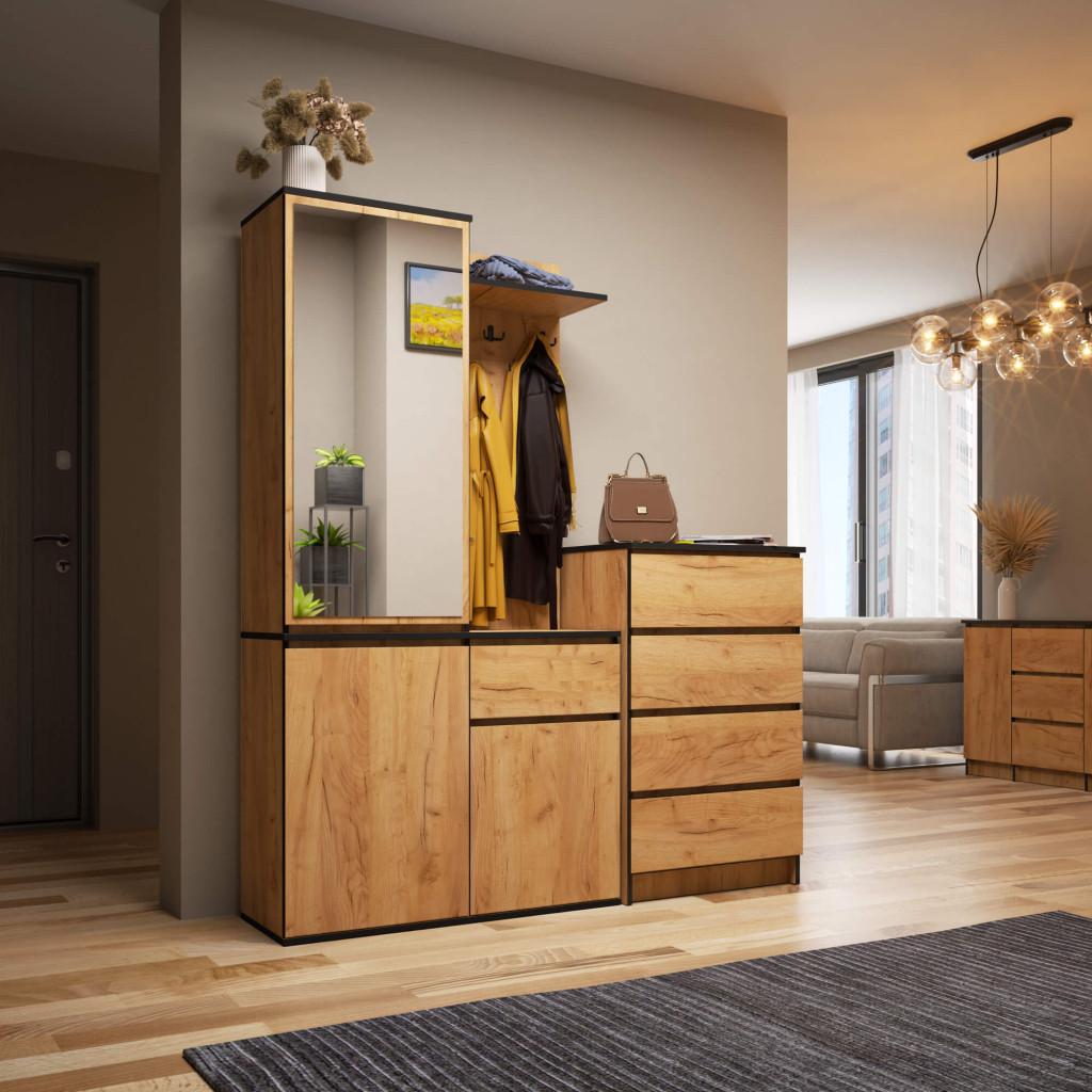 Meble AKORD - Zestaw mebli na przedpokój AKORD ENTRO Dąb Craft 95 cm 3 drzwi 1 szuflada kolor Dąb Craft mat 7 półek 95x35x183 cm - Producent mebli - tanie meble - 5901738166851