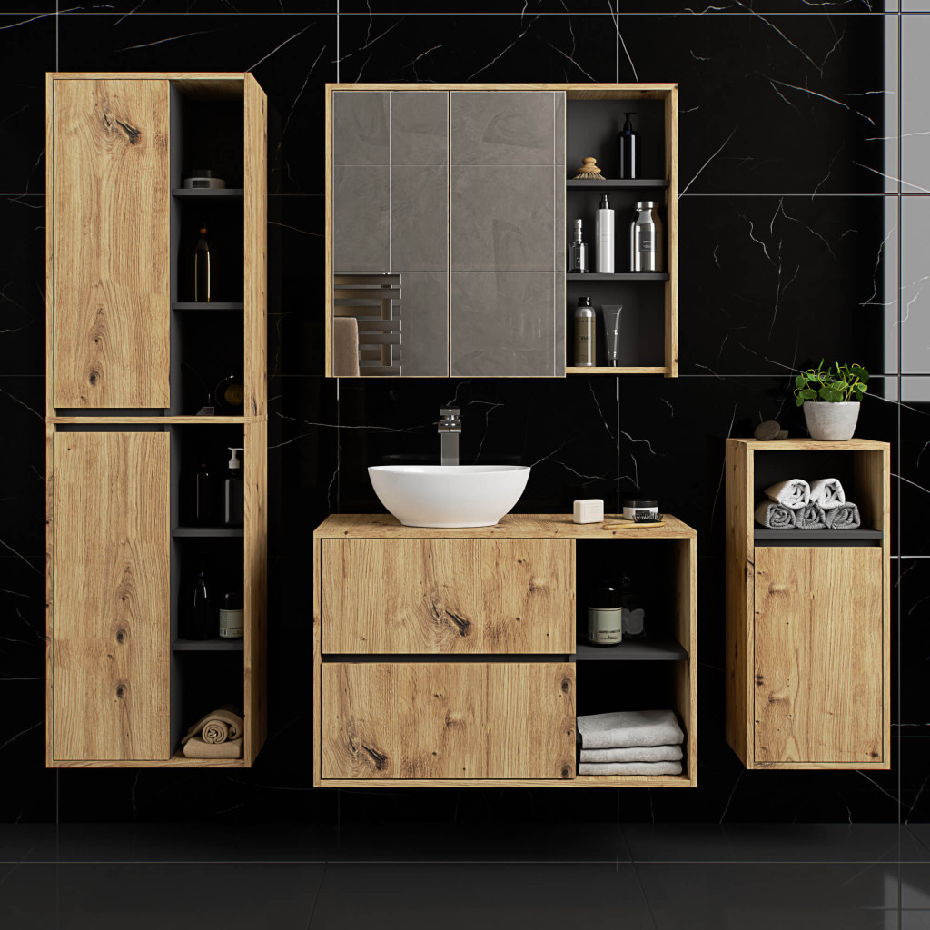 Meble AKORD - Szafka łazienkowa AKORD VAMI z lustrem Dąb Artisan 90 cm 2 drzwi wewnątrz Grafit Szary mat 6 półek 90x15x75 cm - Producent mebli - tanie meble - 5901738165694