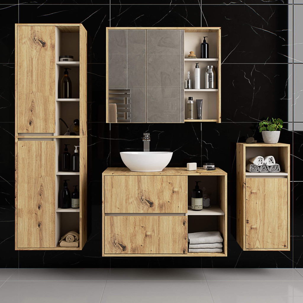 Meble AKORD - Szafka łazienkowa AKORD VAMI z lustrem Dąb Artisan 90 cm 2 drzwi wewnątrz Kaszmir mat 6 półek 90x15x75 cm - Producent mebli - tanie meble - 5901738165694