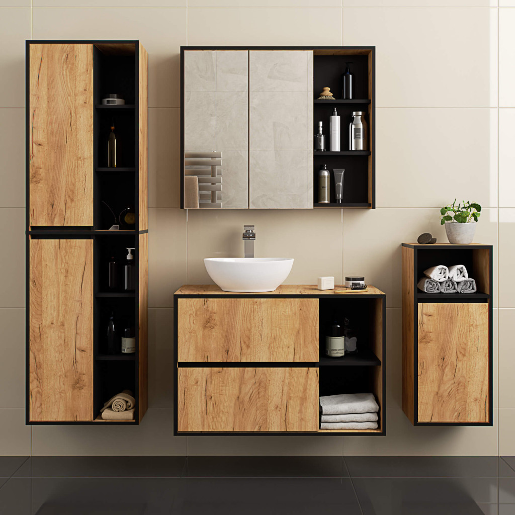 Meble AKORD - Szafka łazienkowa AKORD VAMI z lustrem Dąb Craft 90 cm 2 drzwi wewnątrz Czarny mat 6 półek 90x15x75 cm - Producent mebli - tanie meble - 5901738165694