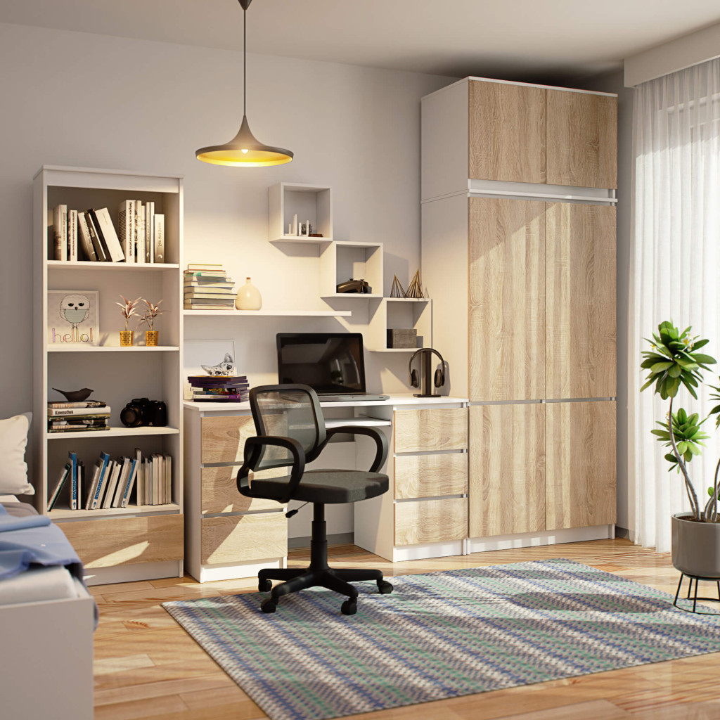 Meble AKORD - Szafa z nadstawką AKORD S90 Biała 90 cm 6 drzwi kolor Dąb Sonoma mat 6 półek 90x51x235 cm - Producent mebli - tanie meble