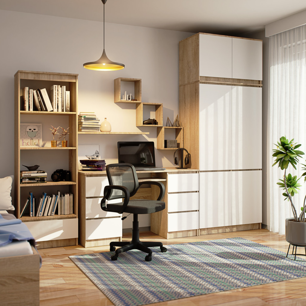 Meble AKORD - Szafa z nadstawką AKORD S90 Dąb Sonoma 90 cm 6 drzwi kolor Biały mat 6 półek 90x51x235 cm - Producent mebli - tanie meble