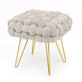 Pufa z plecioną tapicerką welurowa 38 cm DOTTY Kremowa