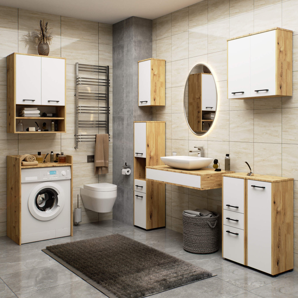 Meble AKORD - Szafka łazienkowa FIN Dąb Artisan 30 cm 1 drzwi kolor Biały mat 2 półki 30x30x82 cm - Producent mebli - tanie meble - 5907504389486