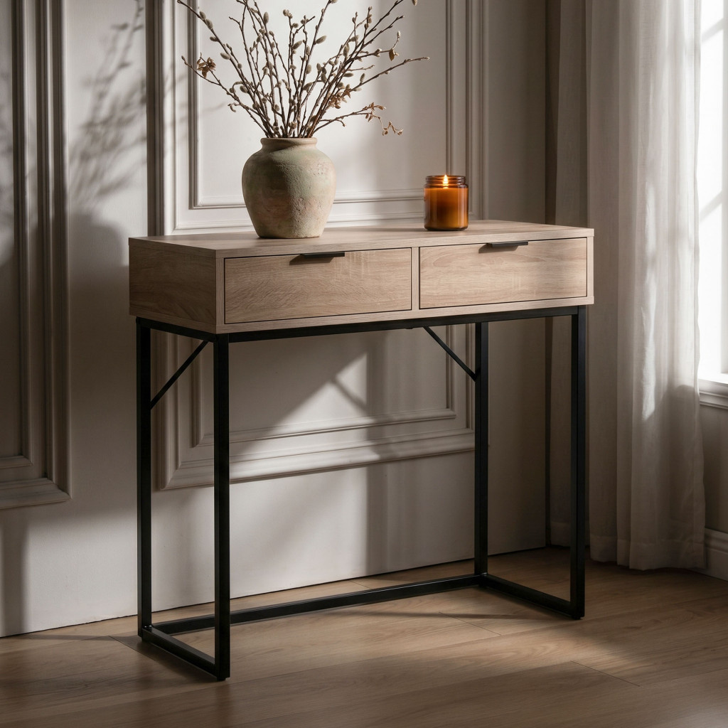 Meble AKORD - Konsola stolik loftowy ELANO 2 szuflady 80 cm Dąb Sonoma Czarne nogi - Producent mebli - tanie meble - 5907504383279