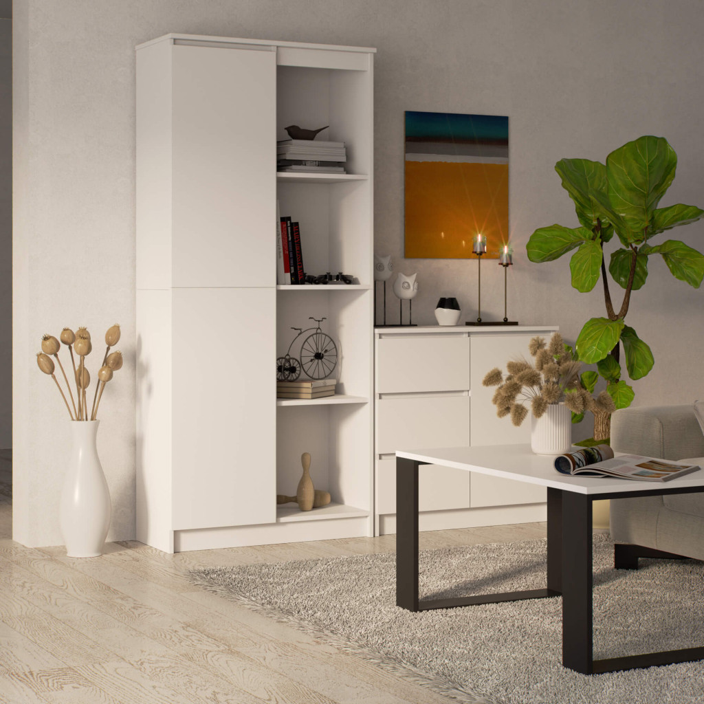 Meble AKORD - Regał R80 Biały 80 cm 1 drzwi kolor Biały mat 8 półek 80x35x180 cm - Producent mebli - tanie meble - 5901738164291