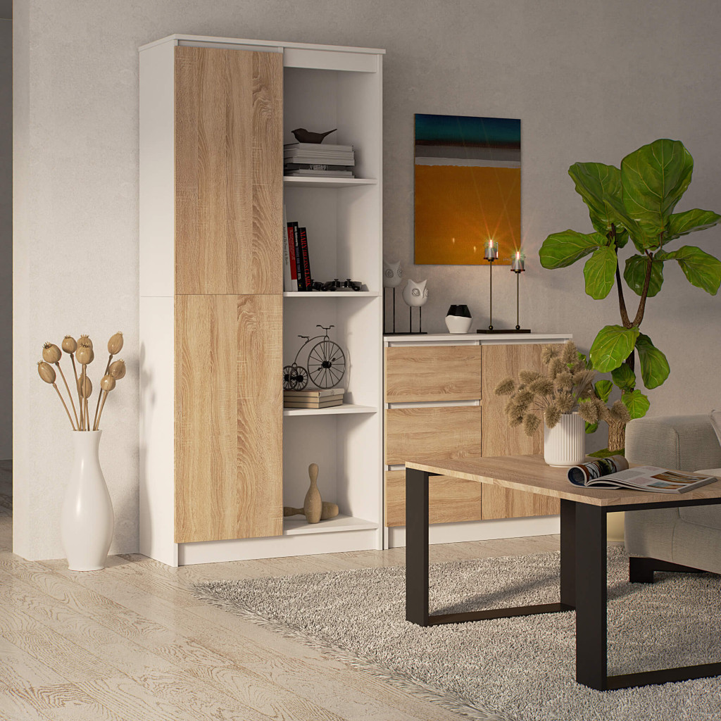 Meble AKORD - Regał R80 Biały 80 cm 1 drzwi kolor Dąb Sonoma mat 8 półek 80x35x180 cm - Producent mebli - tanie meble - 5907504385617