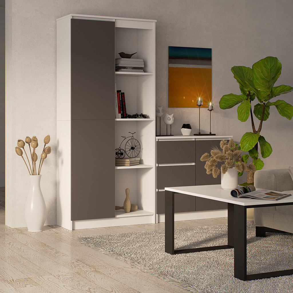 Meble AKORD - Regał R80 Biały 80 cm 1 drzwi kolor Grafit Szary mat 8 półek 80x35x180 cm - Producent mebli - tanie meble - 5907504384344