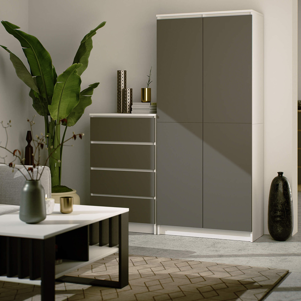 Meble AKORD - Regał R80 Biały 80 cm 2 drzwi kolor Grafit Szary mat 8 półek 80x35x180 cm - Producent mebli - tanie meble - 5907504384382