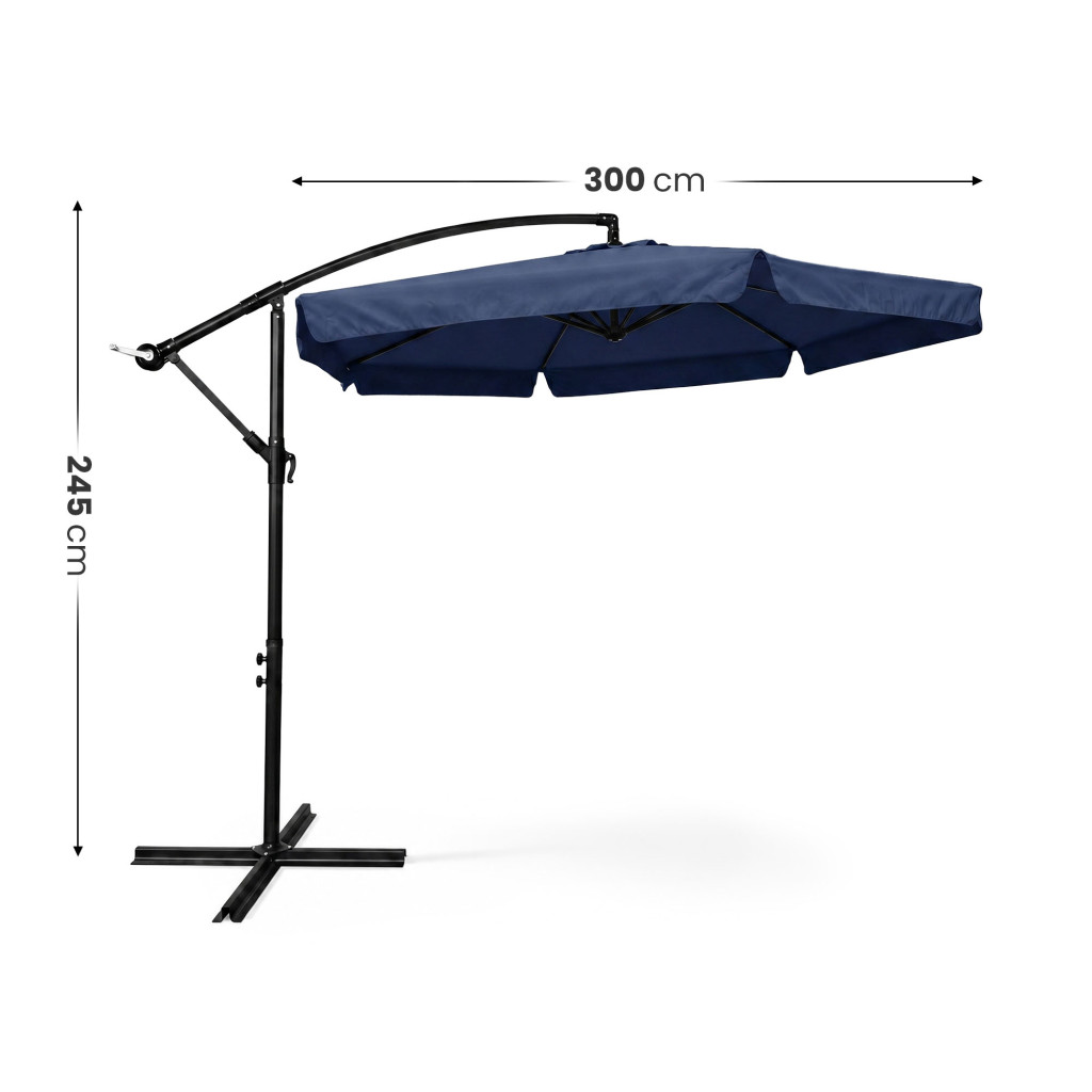 Wymiary 3D - Wodoodporny parasol ogrodowy i tarasowy CYNIA w kolorze granatowym waga 11,7 kg wymiary 300x300x245 cm - AKORD Fabryka Mebli