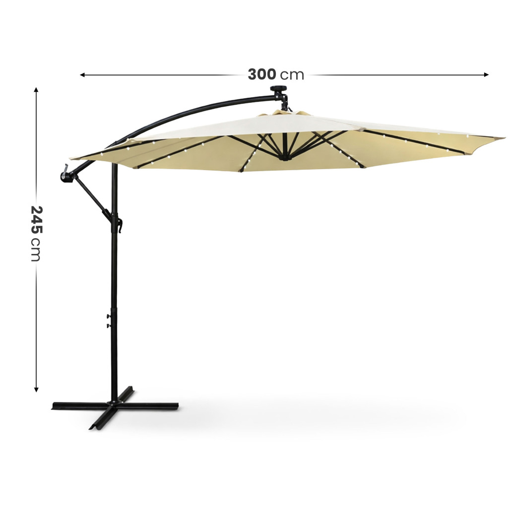 Wymiary 3D - Parasol ogrodowy MILIN beżowy z oświetleniem LED waga 12,7 kg wymiary 300x300x245 cm - AKORD Fabryka Mebli