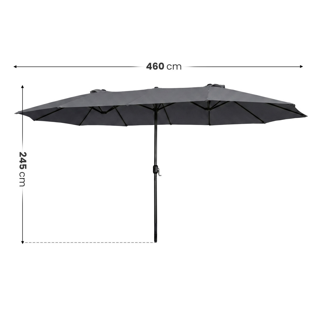 Wymiary 3D - Podwójny parasol ogrodowy TILIA w kolorze ciemnoszarym waga 12,3 kg wymiary 460x270x245 cm - AKORD Fabryka Mebli