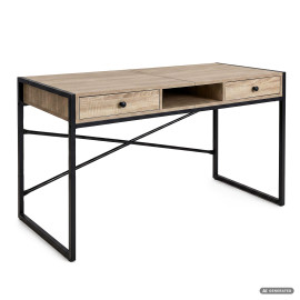 Biurko industrialne komputerowe Dąb Sonoma ELONIS 123 cm 2 szuflady 1 półka Czarne nogi