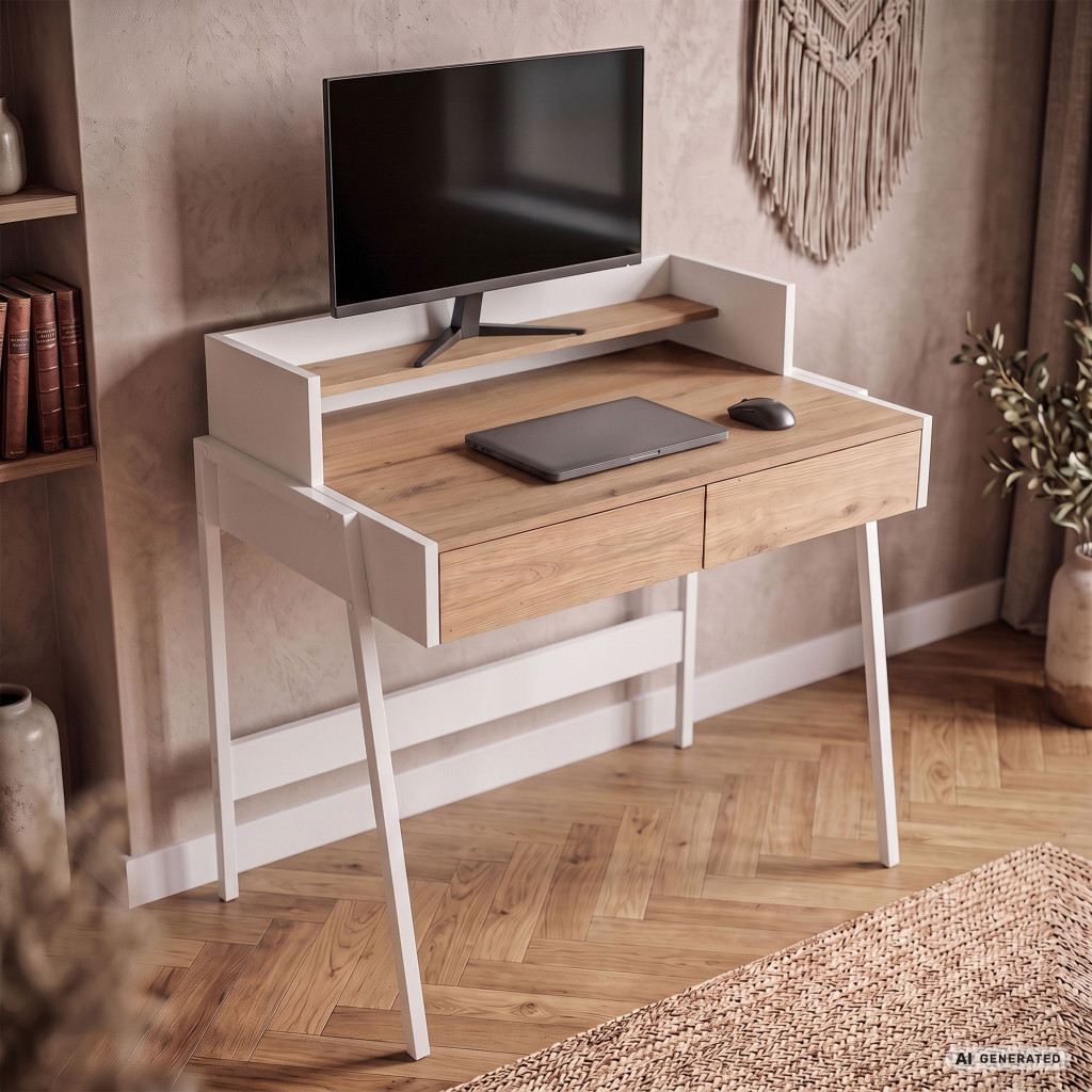 Meble AKORD - Biurko industrialne komputerowe FLUX 78 cm 2 szuflady 1 półka Dąb Sonoma / Białe nogi - Producent mebli - tanie meble