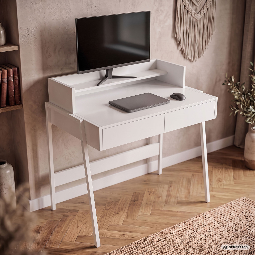 Meble AKORD - Biurko industrialne komputerowe FLUX 78 cm 2 szuflady 1 półka Białe / Białe nogi - Producent mebli - tanie meble