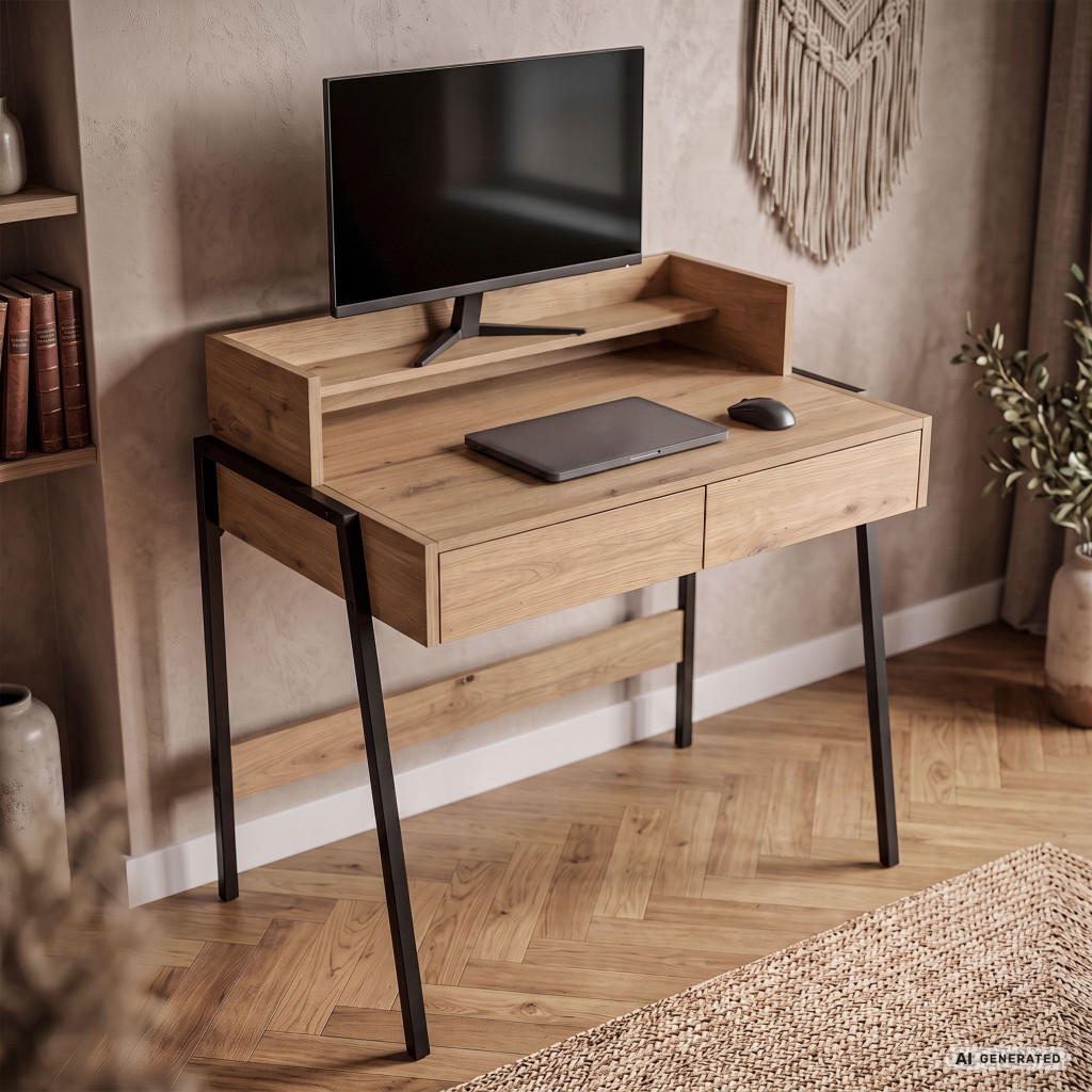 Meble AKORD - Biurko industrialne komputerowe FLUX 78 cm 2 szuflady 1 półka Dąb Artisan / Czarne nogi - Producent mebli - tanie meble