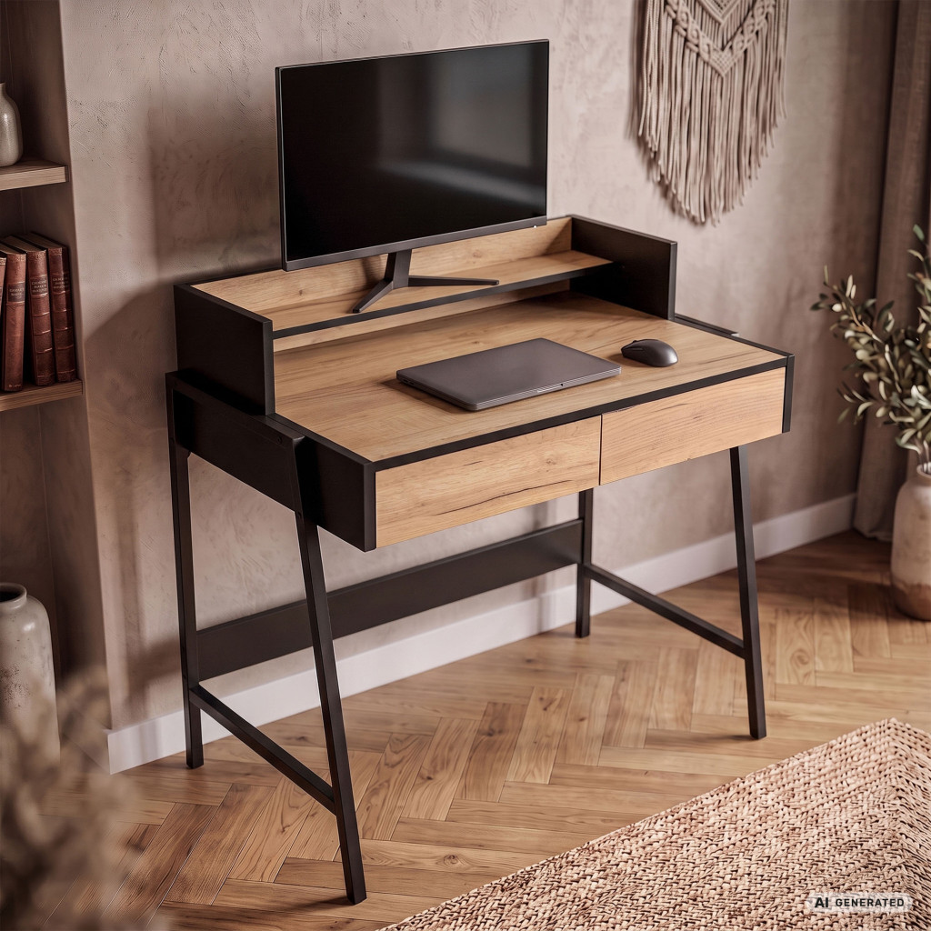 Meble AKORD - Biurko industrialne komputerowe FLUX 78 cm 2 szuflady 1 półka Dąb Craft / Czarne nogi - Producent mebli - tanie meble