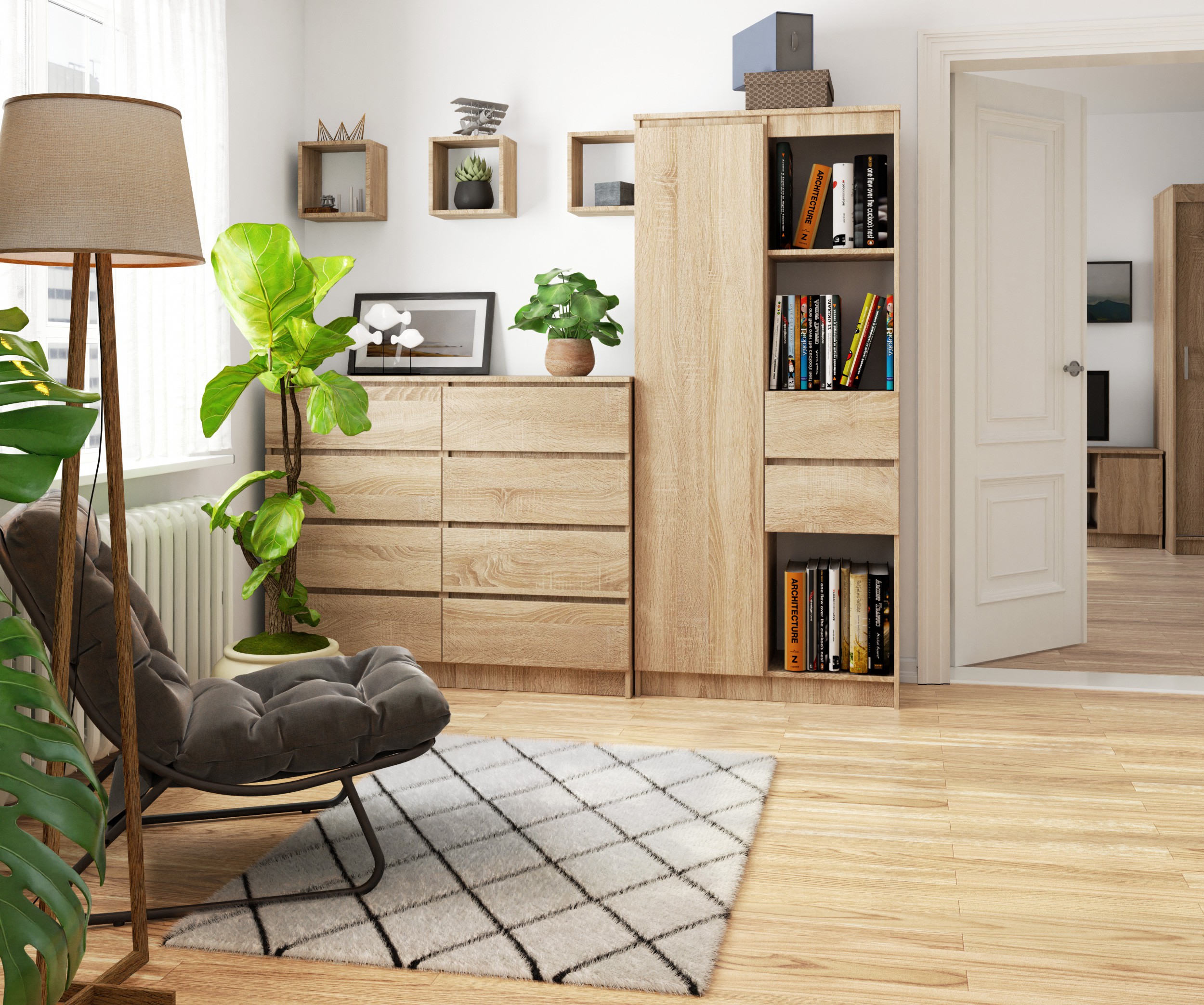 Meble AKORD - Regał R15 Dąb Sonoma 80 cm 1 drzwi 2 szuflady fronty kolor Dąb Sonoma mat 7 półek 80x35x180 cm - Producent mebli - tanie meble - 5907504388205