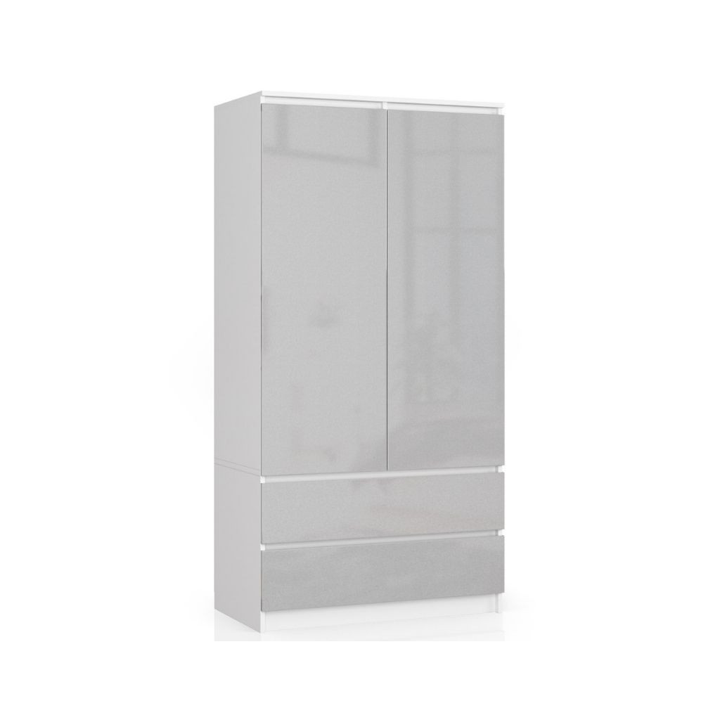 SZAFA S 90cm 2 DRZWI 2 SZUFLADY BIAŁA / METALIK POŁYSK