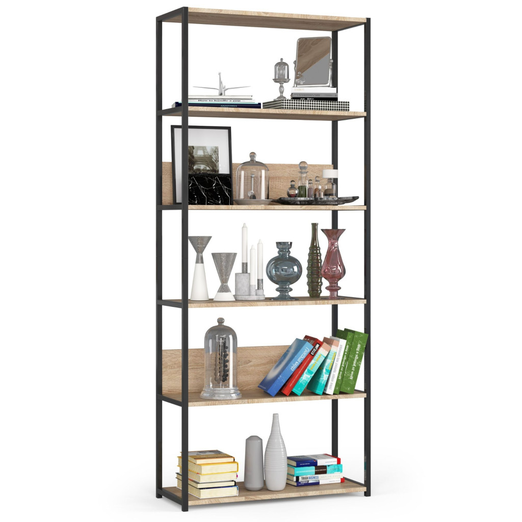 Regał loft metalowy Czarny 80 cm kolor Dąb Sonoma mat 6 półek 80x32x192 cm