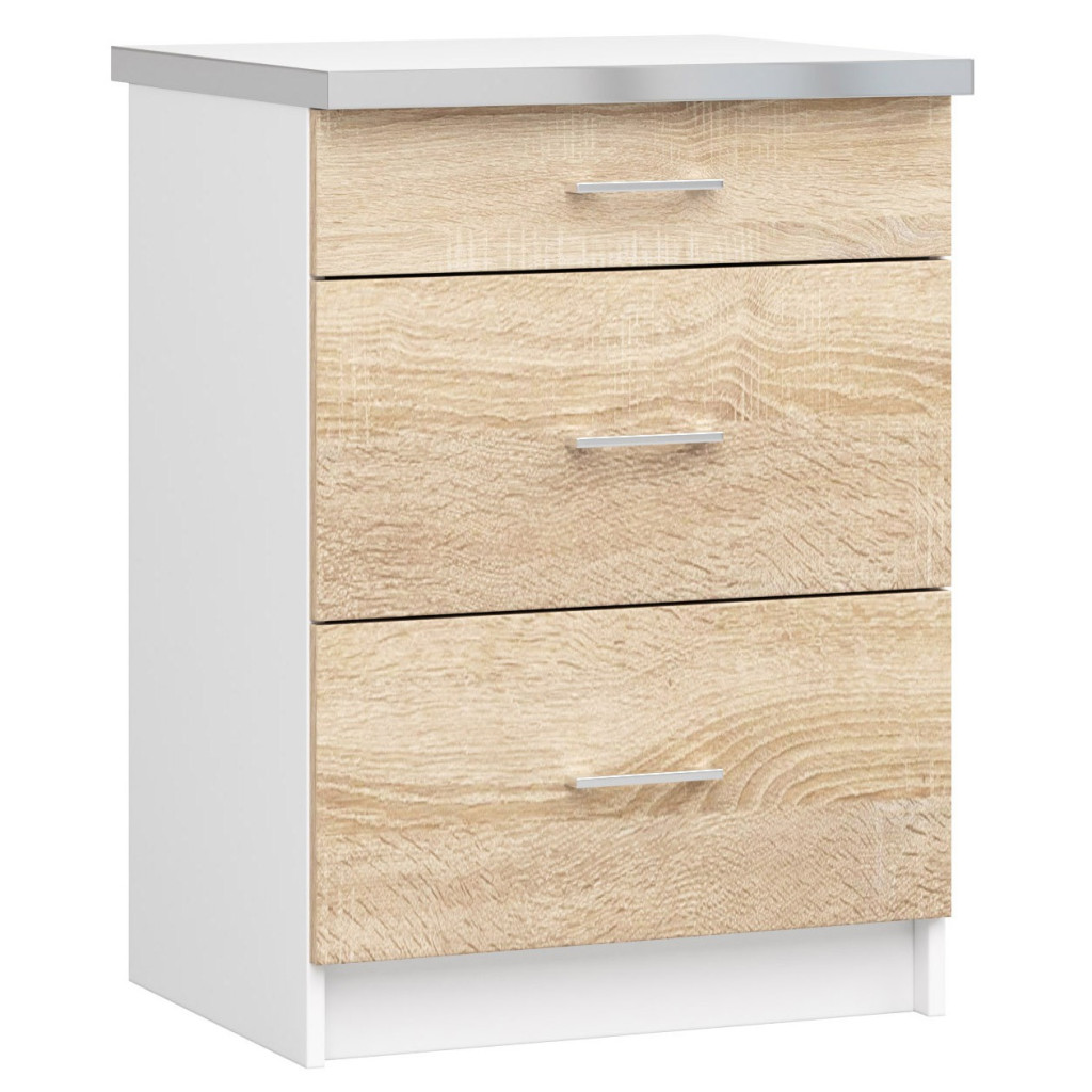 Szafka kuchenna LIMA S60 z blatem Biała 60 cm 3 szuflady kolor Dąb Sonoma mat 60x44,5x82 cm