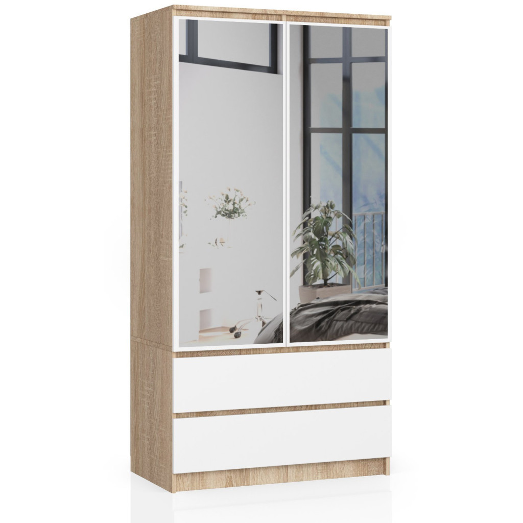 SZAFA S 90 cm 2 DRZWI 2 SZUFLADY 2 LUSTRA SONOMA / BIAŁA